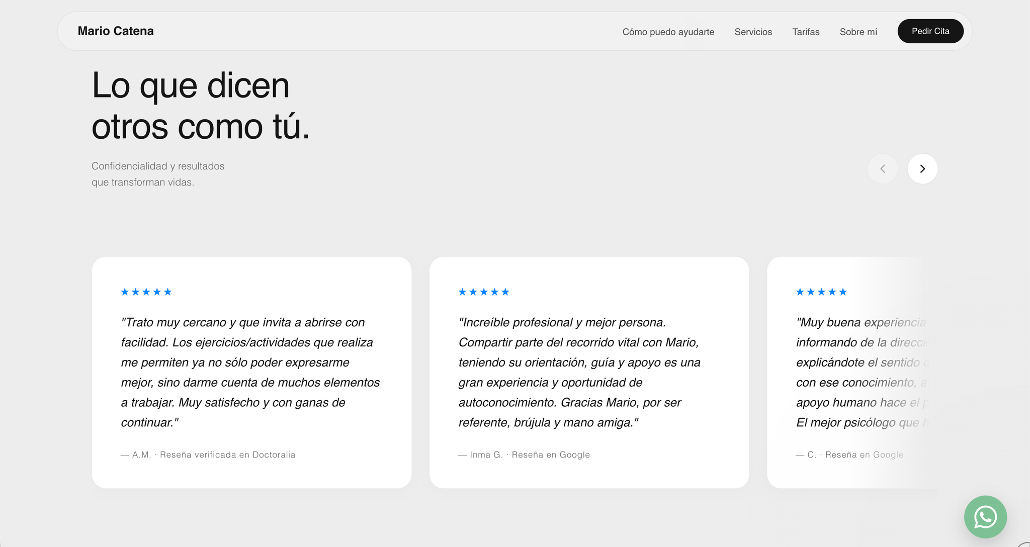 Sección de testimonios de pacientes